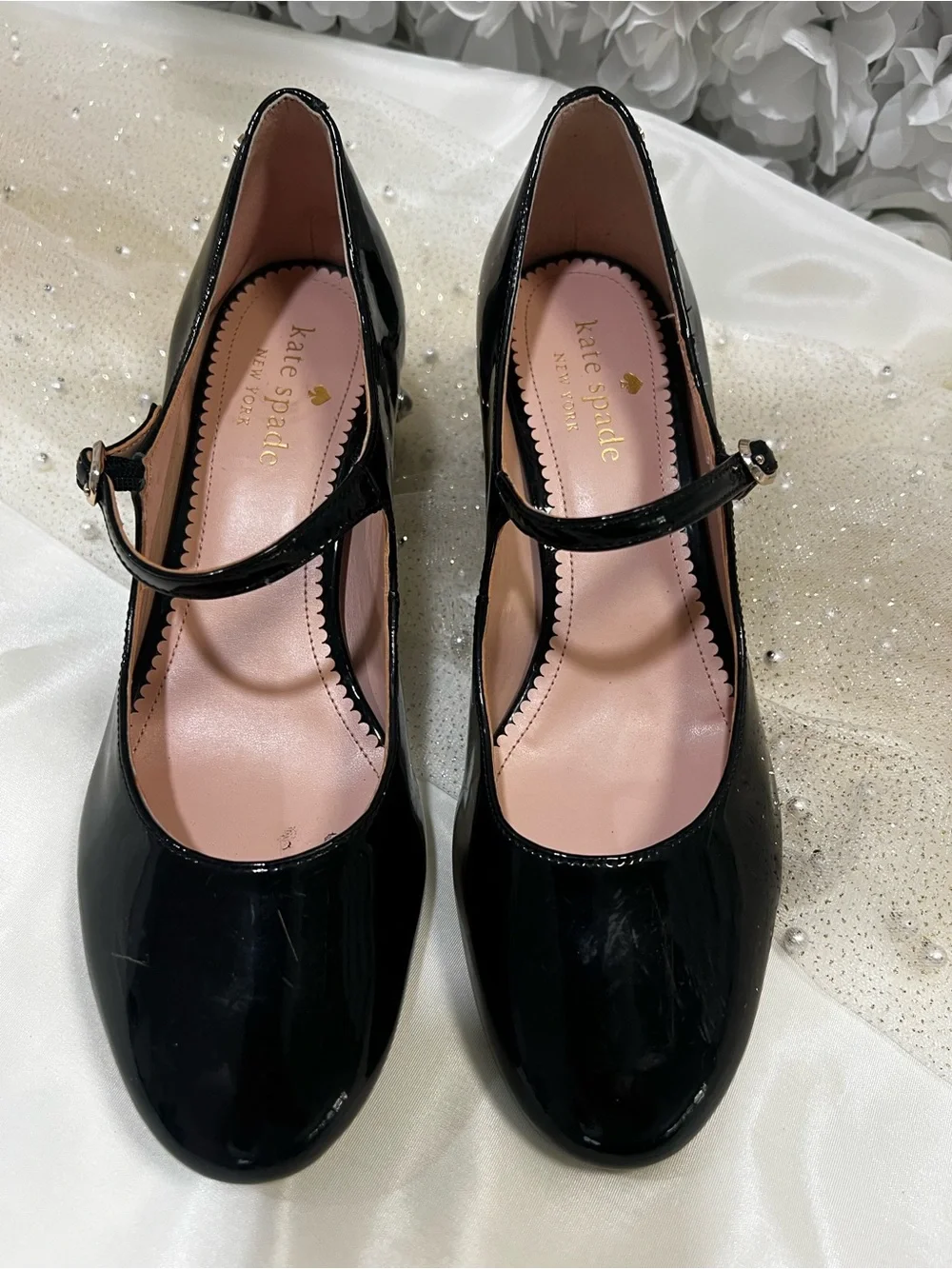 kate spade Black Patent Leather Mary Jane Heeled shoes with Pearl Studs